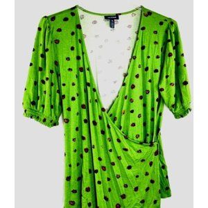 ModCloth Ladybug Print Wrap Green Short Sleeve Belted Stretch M